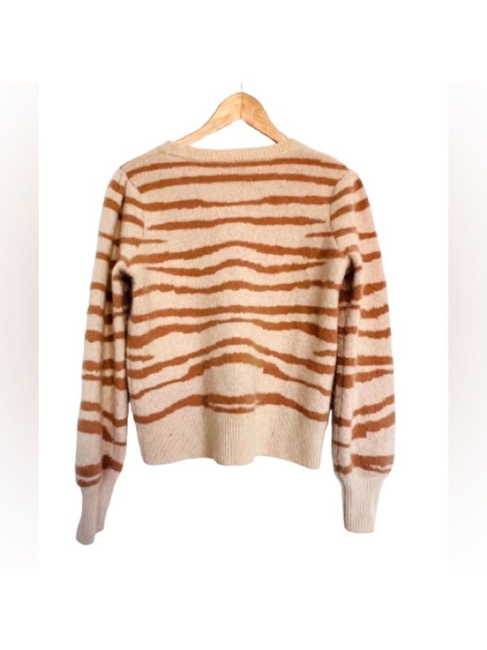 Magaschoni 100% Cashmere Zebra Stripe Sweater Camel Cream Crewneck Pullover M - Picture 3 of 5